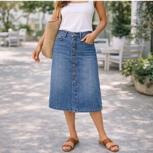 GAP Denim Button Front Maxi Skirt Sz 14 Medium Wash Straight EUC